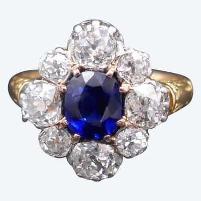 Sapphire and diamonds, gold and platinum ring.