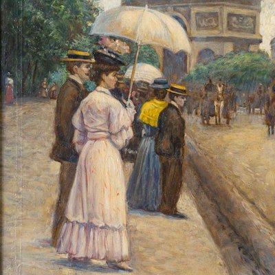 Henri Paul Royer (1869-1938) Promenade Avenue du Bois de Boulogne oil on wood circa 1890-1910