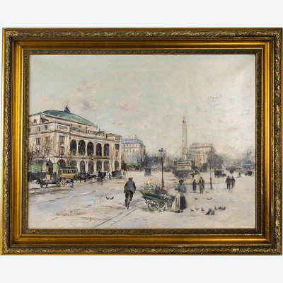 Jean-Bernard Trotzier The Itinerant Florist Place du Châtelet oil on canvas 20th century