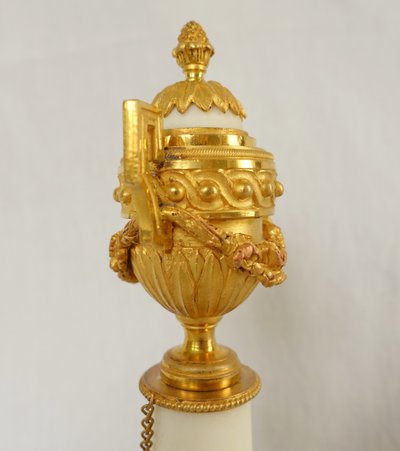 Pair of gilt bronze and marble cassolettes with upside-down candlesticks, Louis XVI style