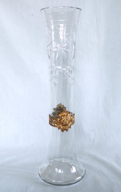 Very large Baccarat cut crystal vase, gilded brass mount with lion's head - circa 1900