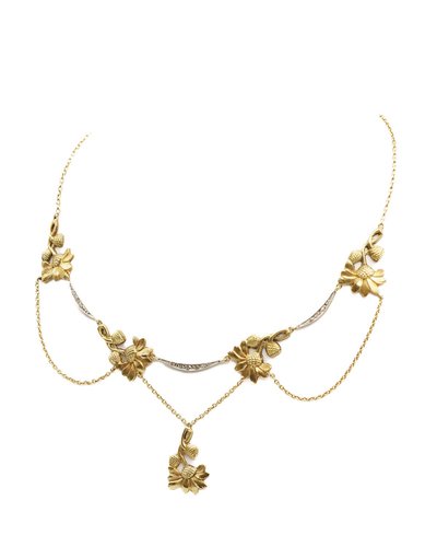 Art Nouveau Flower Drapery Necklace In 18k Gold And Platinum, Flower Necklace, Antique Jewelry