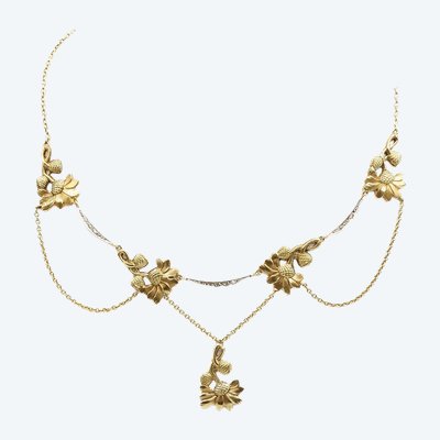 Art Nouveau Flower Drapery Necklace In 18k Gold And Platinum, Flower Necklace, Antique Jewelry