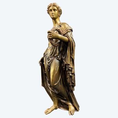 19th-century bronze sculpture of an antique woman with a foliage crown