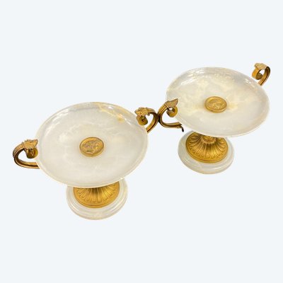 Pair of alabaster and gilt bronze bowls on pedestals 19th century Napoleon III