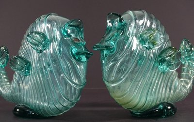 Venice, Murano Island, 1950s, Pair Of Blown Glass Soliflores Depicting Fish.