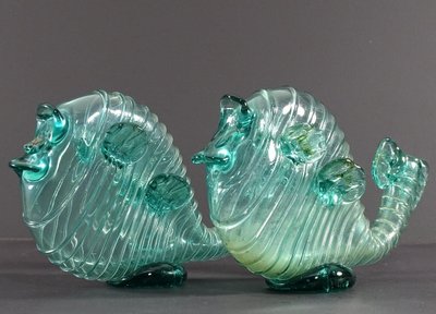 Venice, Murano Island, 1950s, Pair Of Blown Glass Soliflores Depicting Fish.