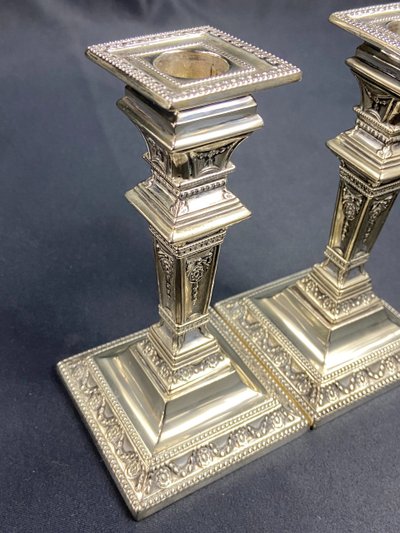 Pair of Victorian Neo-Classical silver-plated candlesticks