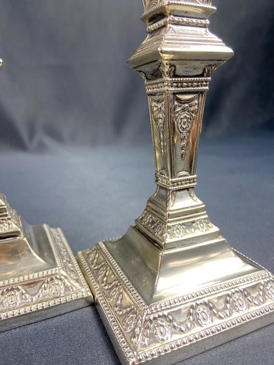 Pair of Victorian Neo-Classical silver-plated candlesticks