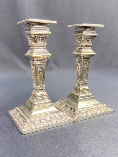 Pair of Victorian Neo-Classical silver-plated candlesticks