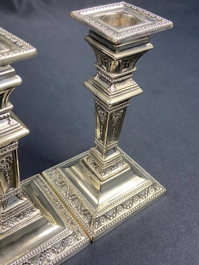 Pair of Victorian Neo-Classical silver-plated candlesticks