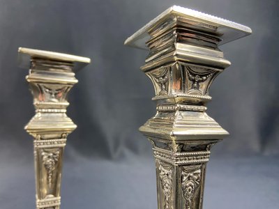 Pair of Victorian Neo-Classical silver-plated candlesticks