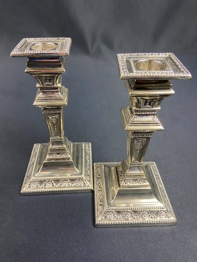 Pair of Victorian Neo-Classical silver-plated candlesticks