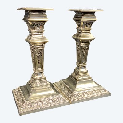 Pair of Victorian Neo-Classical silver-plated candlesticks