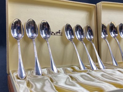 Complete set of 12 Louis XV style silver plated moka spoons signed Hermès