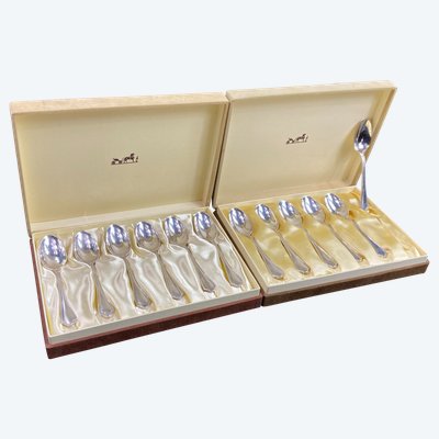 Complete set of 12 Louis XV style silver plated moka spoons signed Hermès