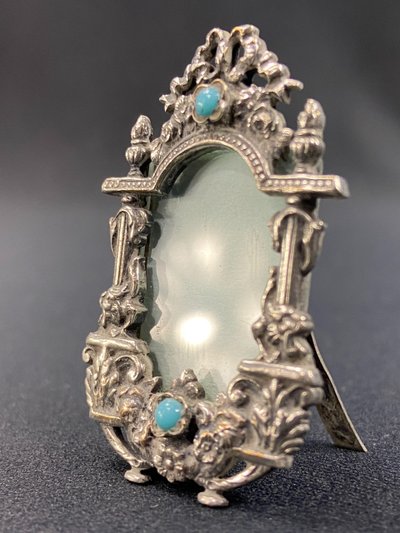 Louis XIV style miniature silver photo frame with turquoise pearls