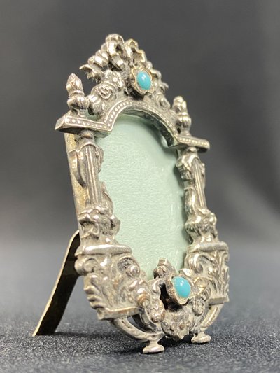 Louis XIV style miniature silver photo frame with turquoise pearls