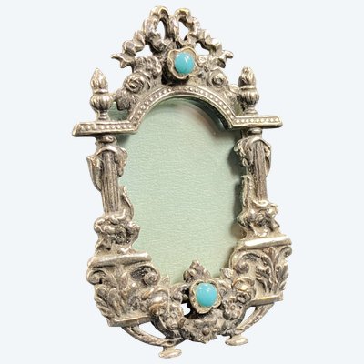 Louis XIV style miniature silver photo frame with turquoise pearls