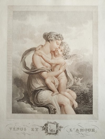 Venus And Love  Mytological Engraving Empire Period By Bosselman Etching Old Print 19th C