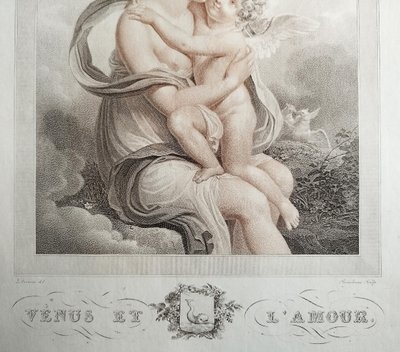 Venus And Love  Mytological Engraving Empire Period By Bosselman Etching Old Print 19th C