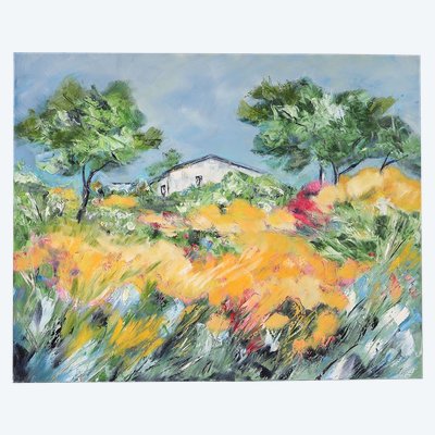 Paysage de Provence, Mistral, 81 cm, dated: 1991 and signed, Ecole Provençale Française