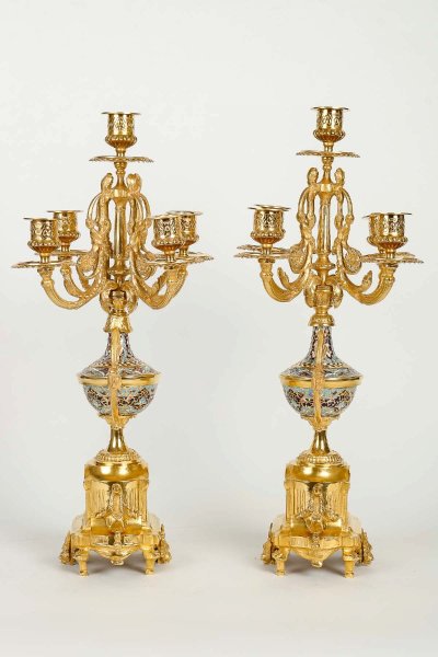 Garniture De Cheminée En Bronze Doré Et émail Cloisonné Fin XIXème Siècle