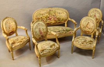 Living Room 4 Armchairs And A Louis XVI Aubusson Banquette In Gilded Wood