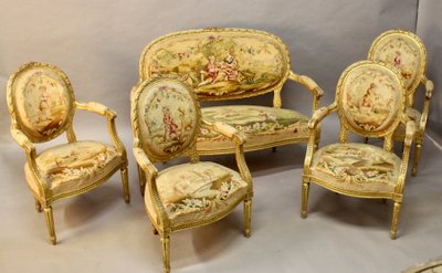 Living Room 4 Armchairs And A Louis XVI Aubusson Banquette In Gilded Wood