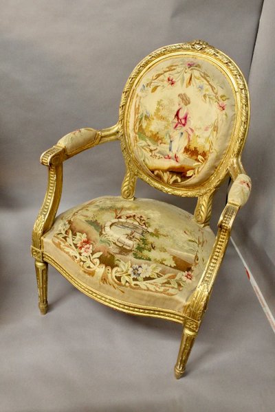 Living Room 4 Armchairs And A Louis XVI Aubusson Banquette In Gilded Wood