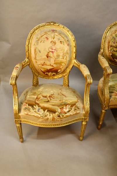 Living Room 4 Armchairs And A Louis XVI Aubusson Banquette In Gilded Wood