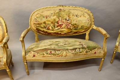 Living Room 4 Armchairs And A Louis XVI Aubusson Banquette In Gilded Wood