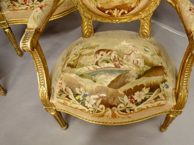 Living Room 4 Armchairs And A Louis XVI Aubusson Banquette In Gilded Wood