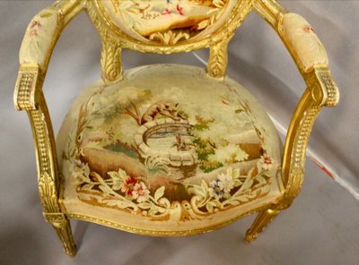 Living Room 4 Armchairs And A Louis XVI Aubusson Banquette In Gilded Wood