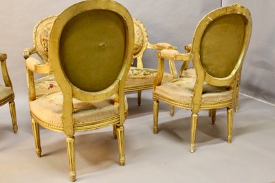 Living Room 4 Armchairs And A Louis XVI Aubusson Banquette In Gilded Wood