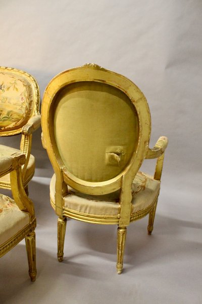 Living Room 4 Armchairs And A Louis XVI Aubusson Banquette In Gilded Wood