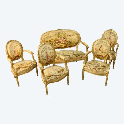 Living Room 4 Armchairs And A Louis XVI Aubusson Banquette In Gilded Wood