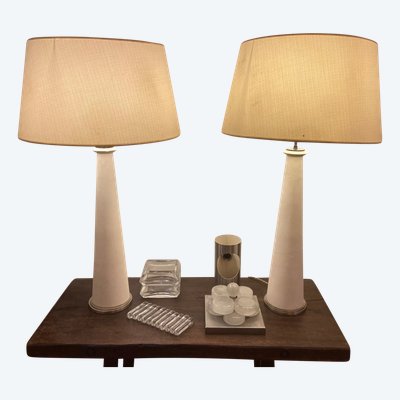 Pair of modernist stone and bronze lamps.