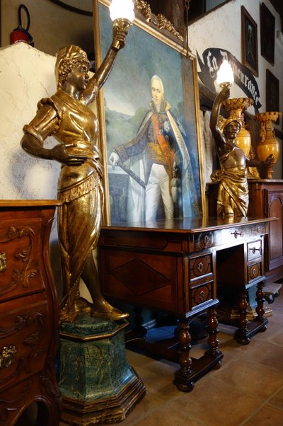 Large pair of polychrome wooden torchères, 212 cm