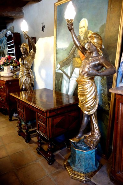 Large pair of polychrome wooden torchères, 212 cm