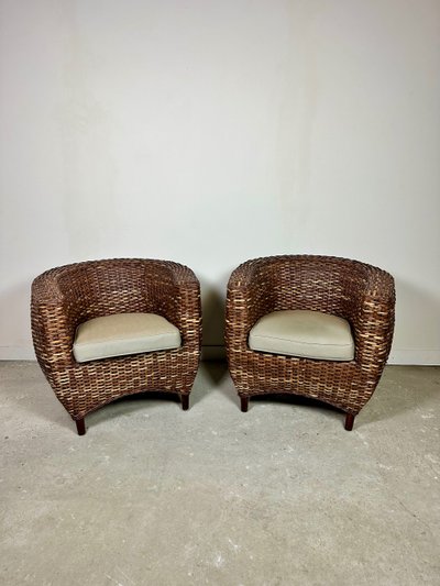 Woven rattan armchairs (pair) 2000s