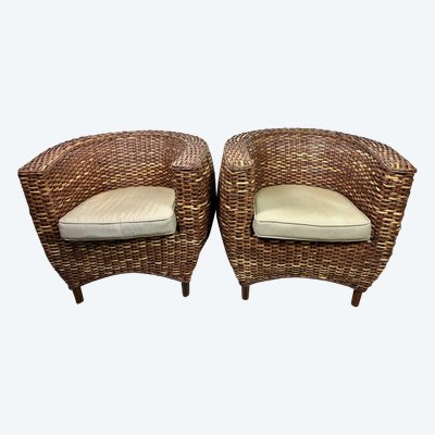 Woven rattan armchairs (pair) 2000s