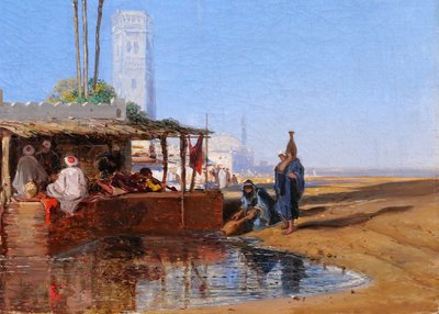 French Orientalist school signed 1851, landscape at the oasis, painting, Morocco, Algeria, Fromentin