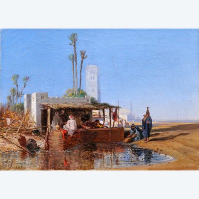 French Orientalist school signed 1851, landscape at the oasis, painting, Morocco, Algeria, Fromentin