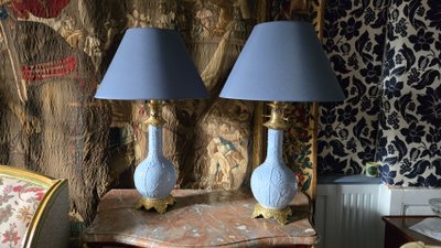 Pair of 19th century Celadon blue porcelain lamps