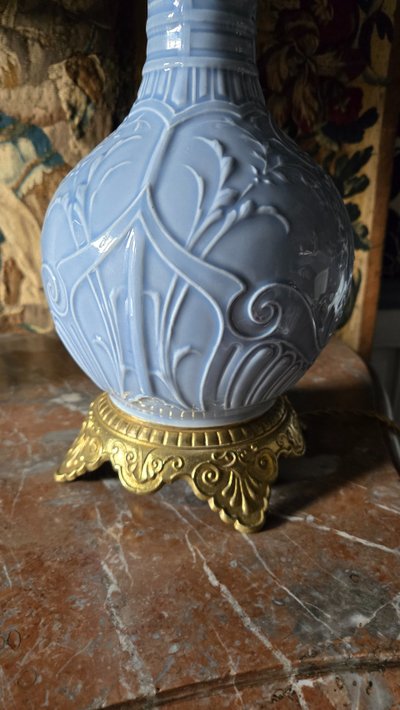 Pair of 19th century Celadon blue porcelain lamps