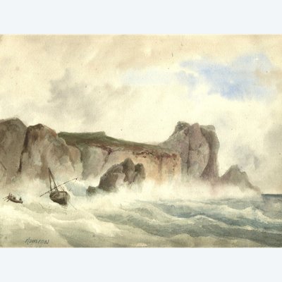 Jean-Baptiste ROMEGAS (1800-1867) Seascape, boat Early original drawing