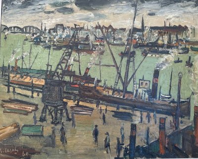 Oil on canvas signed Louis Cazals (1912-1995) and depicting a view of a port, 1960