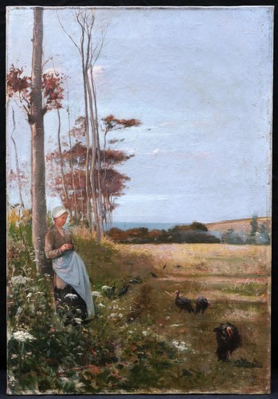 Paul Léon Gagneau, Young Breton Woman Looking After Turkeys By The Sea