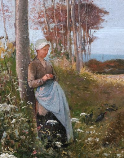 Paul Léon Gagneau, Young Breton Woman Looking After Turkeys By The Sea